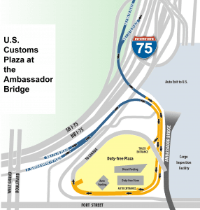 Diagram of traffic flow at the U.S. Customs Plaza at the Ambassador Bridge