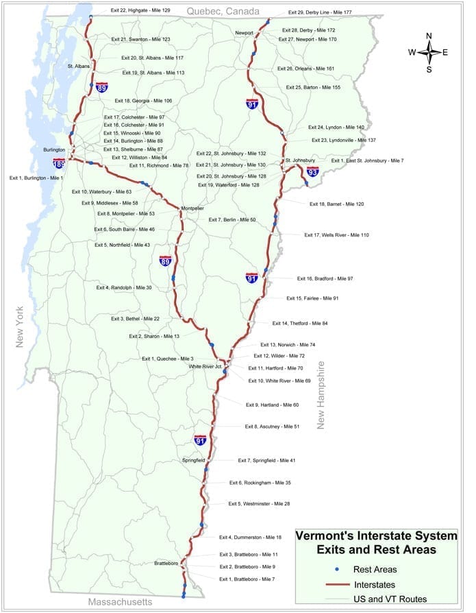 Map showing Vermont Interstate Highway routes with exist numbers